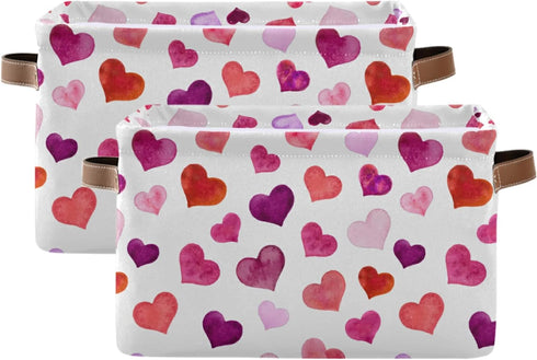 senya Valentines Storage Basket, Large Foldable Storage Basket with Handles, Pink Love Hearts Fabric Organizer Bag for