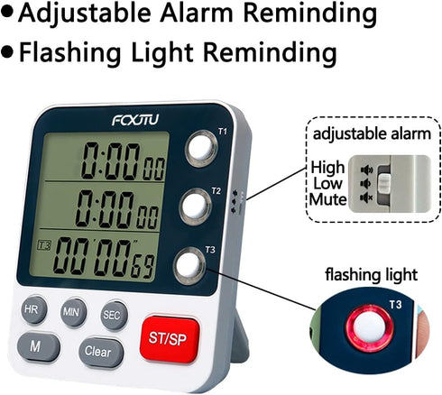 FCXJTU Digital Dual Kitchen Timer, 3 Channels Count UP/Down Timer, Large Display, Loud Volume Alarm, Battery Included