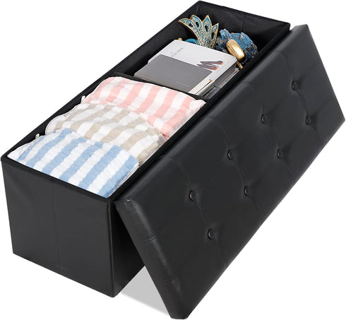 43 Inches LEMY Folding Ottoman Storage Bench, Foot Rest Stool with Wooden Divider&Large Storage Space, Leather