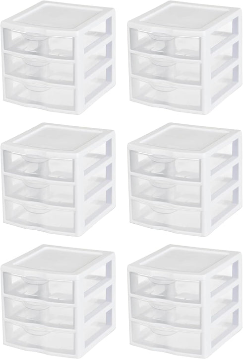 Sterilite Clearview Plastic Multipurpose Small 3 Drawer Desktop Storage Unit, White, 6 Pack