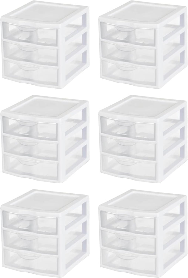 Sterilite Clearview Plastic Multipurpose Small 3 Drawer Desktop Storage Unit, White, 6 Pack