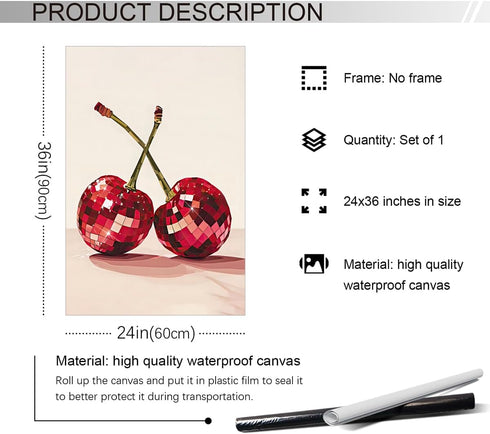 xbsifyiooa 24x36in Trendy Disco Ball Print Poster, Funky Disco Cherries Art Canvas, Pink Cherries Picture, Fruit Wall