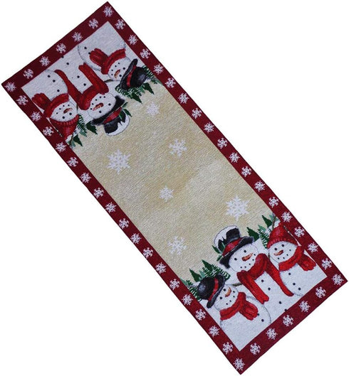Table Runner with Trio of Snowmen, Sparkling Snowflakes, Trees and Glitter Tapestry 36 inches for Winter and Christmas