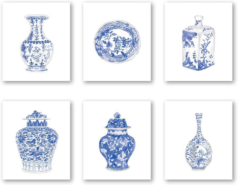Chinoiserie Wall Art Print, Set of 6 Chinese Blue White Porcelain Vase Canvas Prints for Bedroom or Study Decor