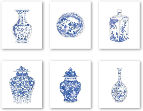 Chinoiserie Wall Art Print, Set of 6 Chinese Blue White Porcelain Vase Canvas Prints for Bedroom or Study Decor