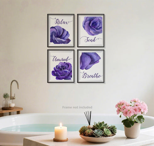 heshengzaixian Purple Flower Bathroom Wall Art Print, Mauve Rose Floral Relax Soak Unwind Quotes, Set of 4, 8X10in