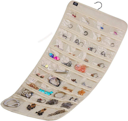 Hanging Jewelry Organizer, 80 Pocket Accessories Organizer for Holding Jewelry, Beige.