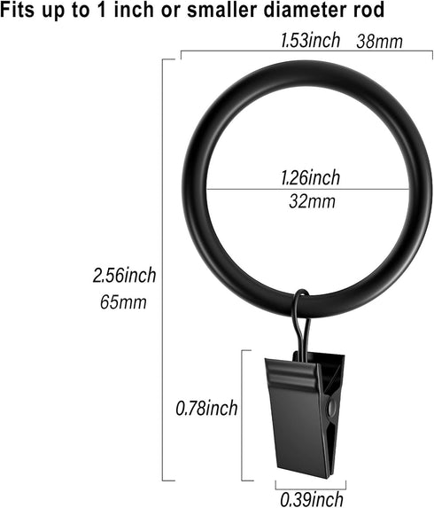 Lansian 72 Pack Curtain Rings with Clips Hooks, Rustproof Matte Metal Stainless Steel Drapery Rings, Vintage Black