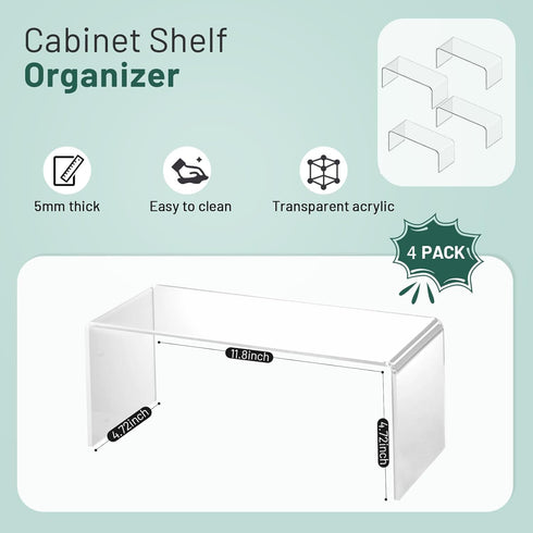 4 Packs 5mm Cup11.8 4.72 4.72 Inch Kitchen Cabinet Shelf Organizer, Acrylic Clear Shelf Riser, Thick Spice Rack