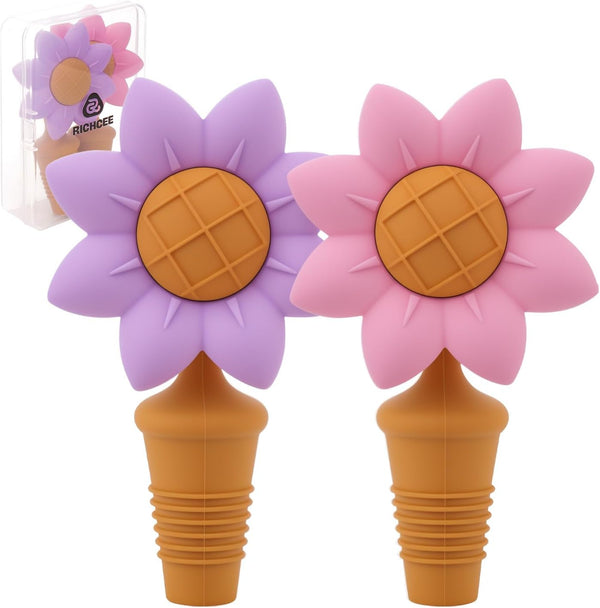 RICHCEE 2 Pcs Flower Silicone Wine Stoppers, Sunflower Bottle Stoppers for Wine and