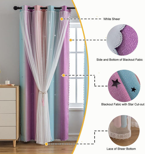 conokata Grommet 2 52W 95L) Star Girl and Kids Curtains for Bedroom Rainbow Ombre Double Layer Cute Shot Nursery