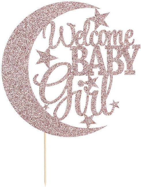 PALASASA Baby Girl Cupcake Topper - Moon and Stars Greeting, Rose Gold - Baby Shower & Gender Reveal Decorations