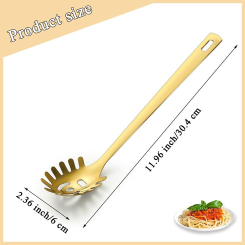 ReaNea Gold Spaghetti Spoon, Pasta Server, Stainless Steel Pasta Spoon with Teeth, One-Piece Metal Pasta Fork, Noddle