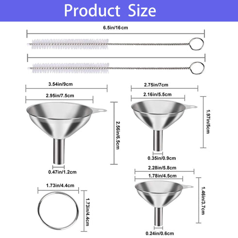 Kitchen Funnels Set for Bottles, 3pc Small/Medium/Large Food Grade Stainless Steel Metal Funnels with 2 Cleaning Brushes for Liquids, Essential Oils, and Spices