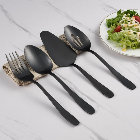 Matte Black Serving Set - 4-Piece Stainless Steel Hostess Set for Buffets, Includes Serving Spoon and Fork