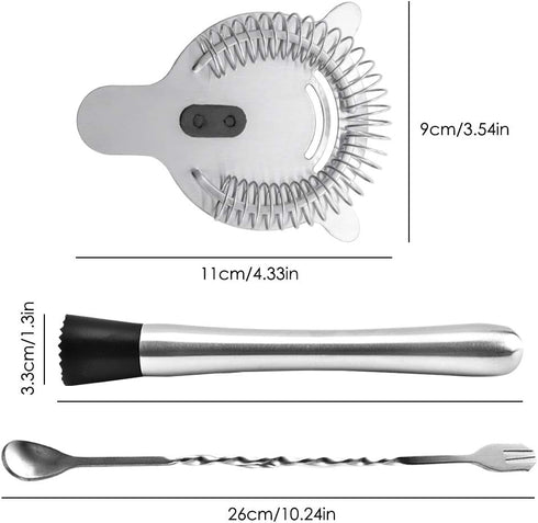 SENHAI Stainless Steel Cocktail Muddler, Spiral Mixing Spoon & 4-Prong Bar Strainer - Bartender's Tool Set