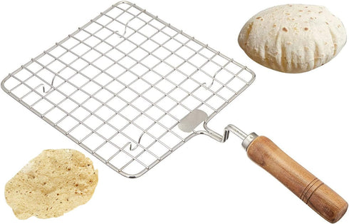 Satre Online and Marketing Wooden Square Roasting Net, Stainless Steel Wire Roaster with Wooden Handle