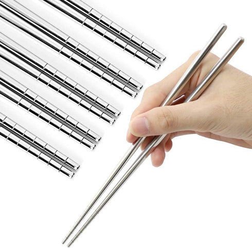 Stainless Steel Chopsticks, 5 Pairs Reusable Multicolor Lightweight 304 Metal, Non-Slip Gift Set, Silver Hollow