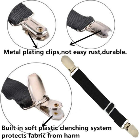 Bed Sheet Clips Holder Straps, Adjustable Elastic Mattress Grippers Fasteners - Black Set of 4