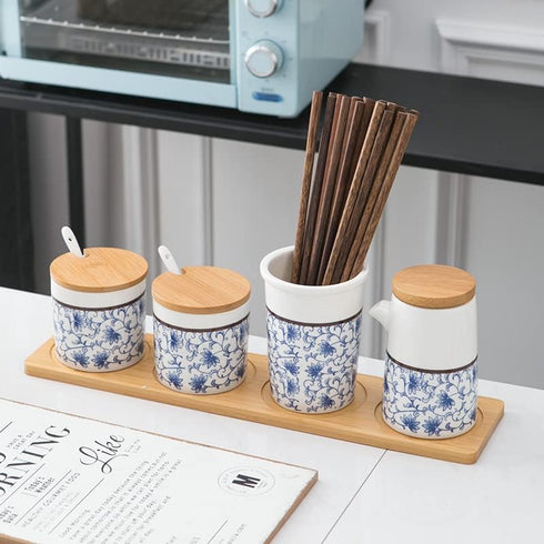 123Arts Ceramic Sugar Bowl, Retro Blue and White Storage Jar with Wooden Lid and Spoon