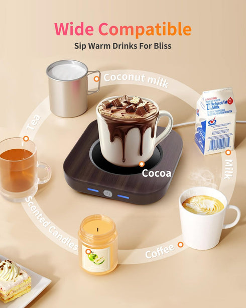 3-Temp Settings 4 Mug Warmer - Coffee Mug Warmer for Desk with Hrs Auto Shut Off, Fastest Heating & Smart Wood Candle