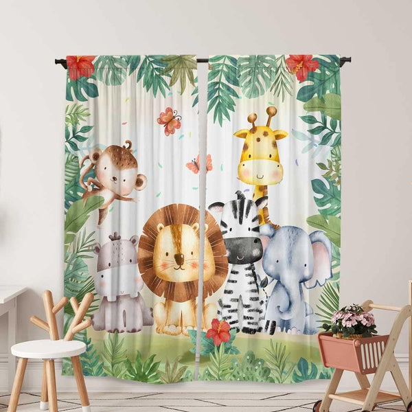 Yilinata Jungle Safari Window Curtains for Kids Boys Girls Watercolor Cartoon Forest Animals