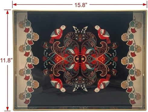 MaAixHom 15.8" 11.8" x Black Plastic Serving Tray with Handles, Bohemian Folk Art Bird & Mandala Pattern with Gold