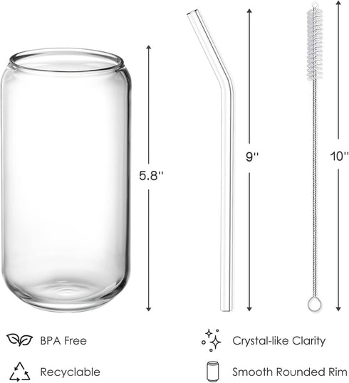 NETANY 16oz Can Shaped Drinking Glasses Set - 4pcs with Glass Straws & 2 Cleaning Brushes for Beer, Iced Coffee,