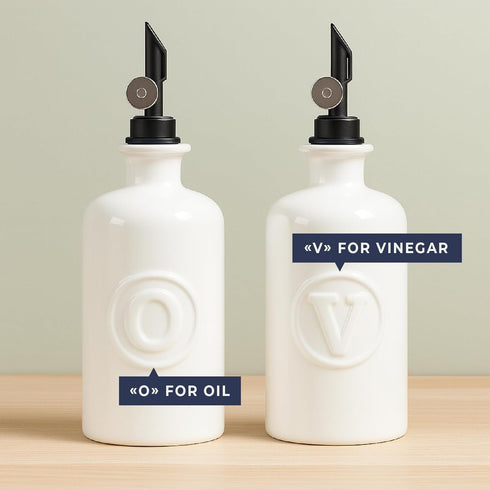 Mlle Label Set 2 500 ml Oil and Vinegar Dispenser White Ceramic Bottles with Matte Black Flip-Top Spout Olive Oil