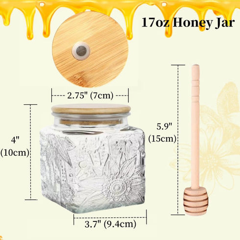 Honey Pot, Airtight Glass Honey Jar with Bamboo Lid and Dipper Stick, Honey Container for Storing Honey, Jam Mason Jar for Home Kitchen, 17oz (Square Sunflower,1 Pack)