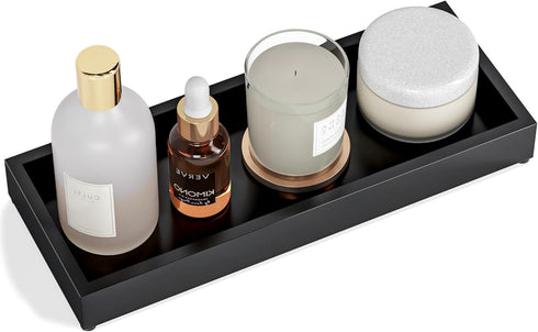 Bathroom Vanity Tray, Black Decorative Tray for Counter, Small Wood Sink Soap Tray Holder for Kitchen and Dresser Decor