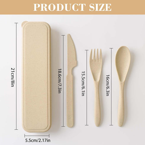 4 Pack Travel Utensil Set with Case, Wheat Straw Reusable Spoon Knife Forks Tableware, Portable Cutlery for Adult Travel Picnic Camping or Birthday, Anniversary Use (Beige) by JIABEIUS
