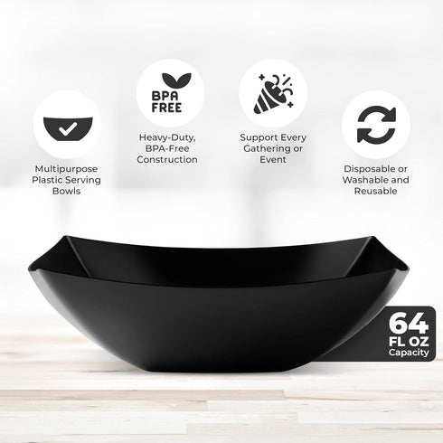 Posh Setting Square Plastic Serving Bowls, Large Heavy Duty Disposable Bowls for Salad, Snack, Buffet, 4 Pack (Black)