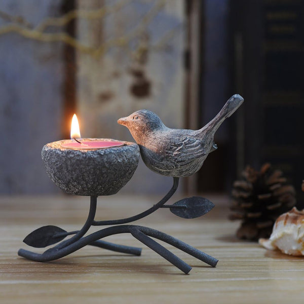 Marbrasse Votive Candle Holders - Vintage Home Decor Centerpiece with Iron Branches, Resin Bird and Nest (Grey Black)