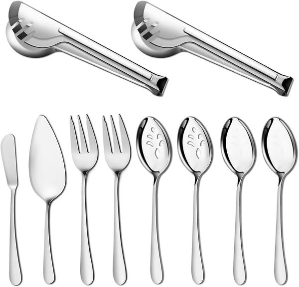 Pleafind 10 PCS Serving Utensils Set, Stainless Steel with Serving Spoons, Slotted Spoons, Forks, Tongs