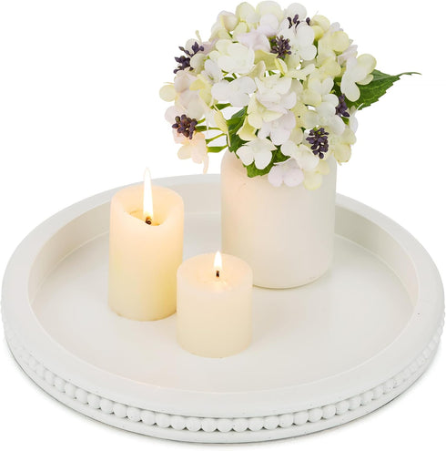 Hanobe Decorative Coffee Table Tray: White Beaded Round Serving Tray Modern Farmhouse