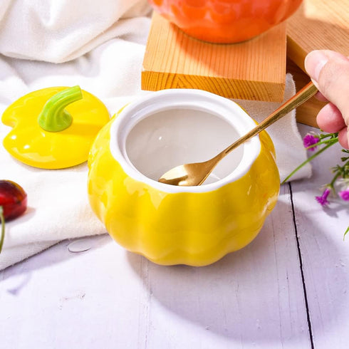 Pumpkin Shape Ceramic Sugar Bowl with Lid and Spoon, Elegant Design for Home and Kitchen, Yellow, 10.5 OZ
