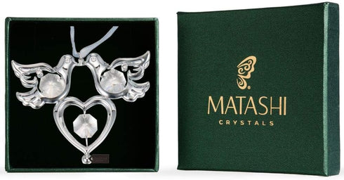 Matashi Chrome Plated Crystal Studded Silver Love Doves Birds Ornament with Heart, Romantic Gift for Christmas