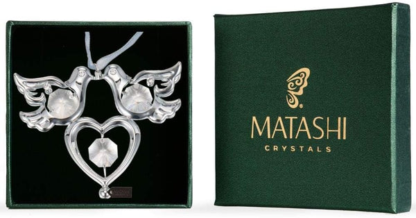 Matashi Chrome Plated Crystal Studded Silver Love Doves Birds Ornament with Heart, Romantic Gift for Christmas