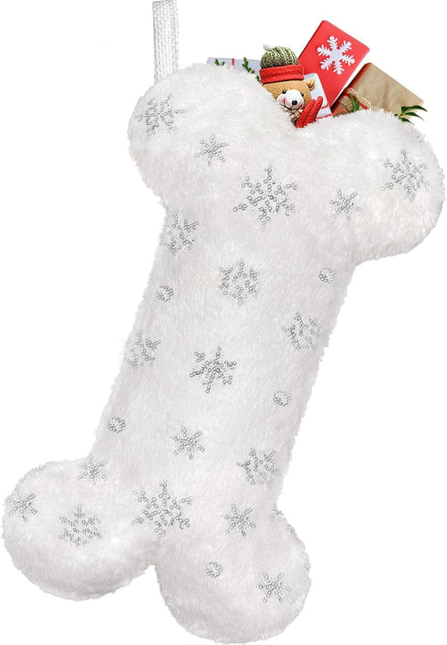 Malier Pet Dog Christmas Stocking, Large Faux Fur Bone Shape Hanging with Silver Snowflakes for Pets