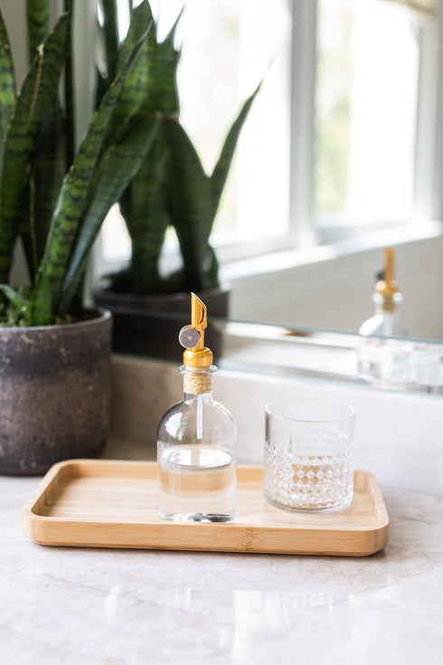 Rail19 Small Clear Glass Mouthwash Dispenser with Metal Pour Spout, 8oz, Perfect for Bathroom, Kitchen, and Tabletop