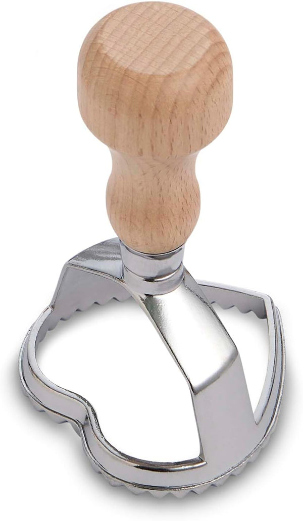 Fantes Ravioli Maker Stamp With Wooden Handle, Fluted Heart Shape, For Homemade