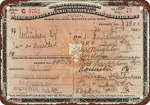 Tin Sign 1924 Prescription for Whiskey During Prohibition, Vintage Look Metal Sign, 12X8 Inches