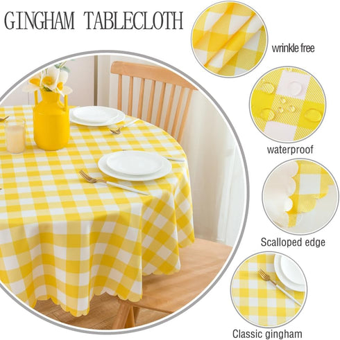 MANGATA CASA Yellow Gingham Round Tablecloth, Waterproof Checkered Table Cloth, Polyester Buffalo Plaid 60R inch