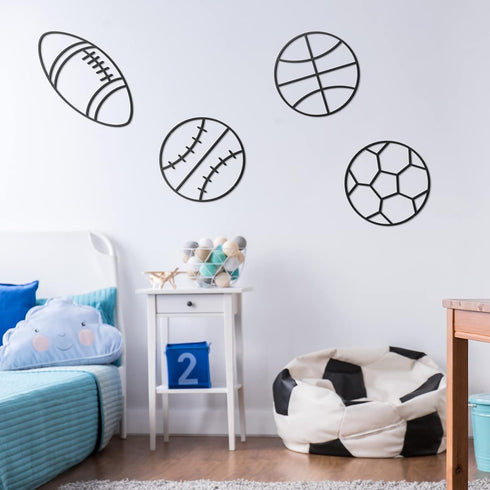 4 Packs Funrous Sports Room Wall Decor for Boys Metal Modern Soccer Football Wall Art Decor Black Basketball Baseball