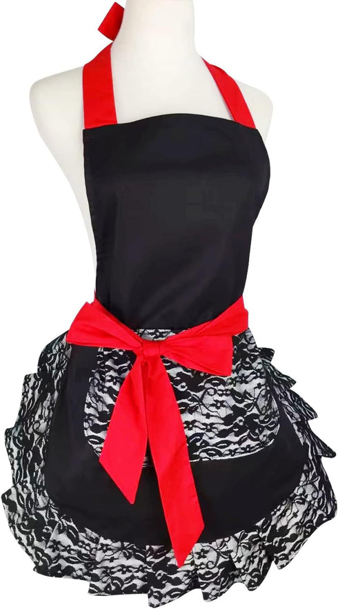 Black Lace Flirty Apron with Pocket, Retro Sexy Cooking Pinup Apron for Women