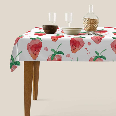 TKS MITLAN Summer 60 84 Inch 6-8 Red Strawberry Decorative Rectangle Tablecloth Fruits Strawberry Leaves Polyester
