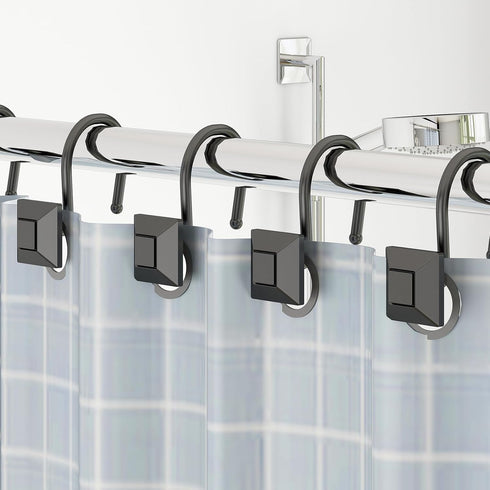 GILLAS Set of 12 Decorative Shower Curtain Hooks - Rust Resistant Square Rings for Bathroom, Black