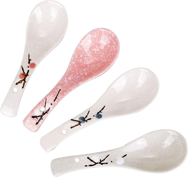 VanEnjoy Set of 4 Chinese/Japanese Ceramic Soup Spoons, Pink Cherry Blossom in Snow Pattern