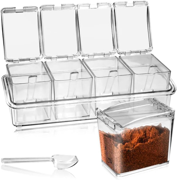 4-Cell Clear Seasoning Rack, Acrylic Spice Box with Cover and Spoon, Storage Container for Condiments